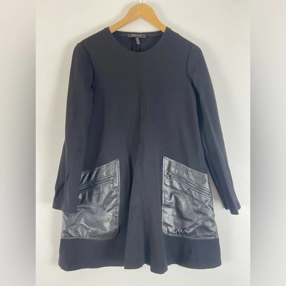 BCBGMaxAzria Long Sleeve Faux Leather Pocket Farah Shift Dress womens XS - Picture 4 of 9